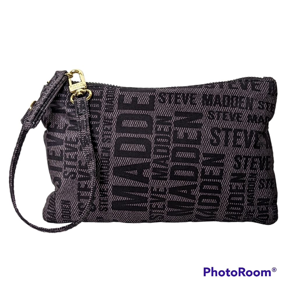 Steve Madden Wristlet All Over Print Gold Zippered Top Clutch Black Gray & Gold